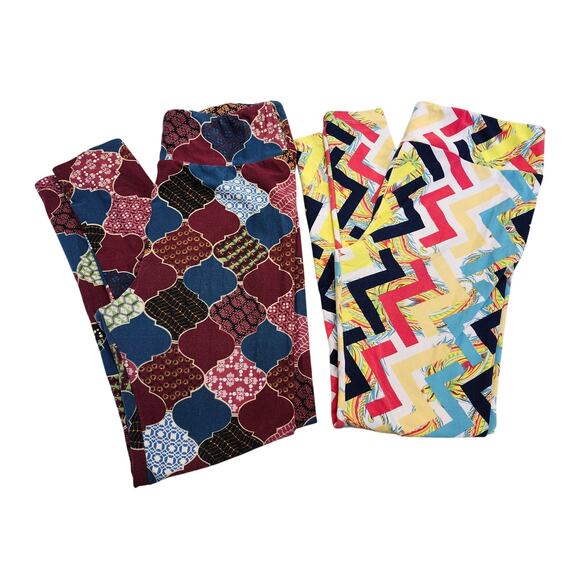 Lot 2 Tall & Curvy LuLaRoe TC Leggings Moroccan Print Zig Zag Fun Bright - Picture 1 of 6